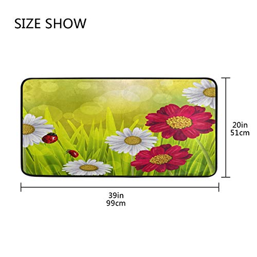 White and Red Daisy Floral Kitchen RugsCute Ladybugs Kitchen Mat Vibrant Cushioned Chef Soft Non-Slip Floor Mats Washable Doormat Bathroom Runner Area Rug Carpet