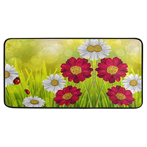 White and Red Daisy Floral Kitchen RugsCute Ladybugs Kitchen Mat Vibrant Cushioned Chef Soft Non-Slip Floor Mats Washable Doormat Bathroom Runner Area Rug Carpet