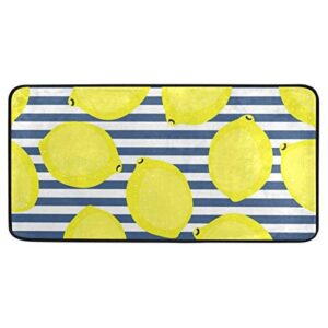 kitchen rugs yellow lemons with blue stripes design non-slip soft kitchen mats bath rug runner doormats carpet for home decor, 39" x 20"