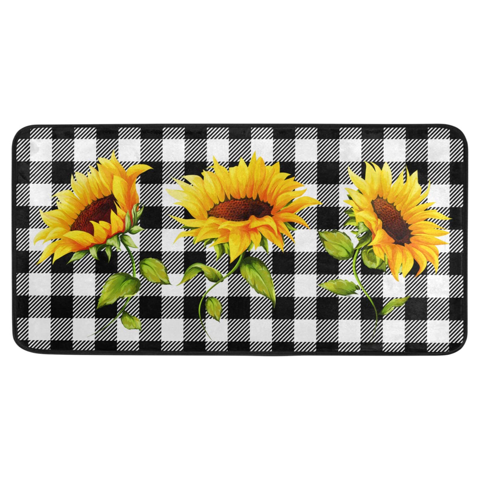 Black Buffalo Plaid Kitchen Rugs Non Slip Sunflower Kitchen Floor Mats Cushioned Kitchen Mats and Rugs Washable Anti Fatigue Mats for Laundry Sink Standing Office Home Decor - 39x20 in