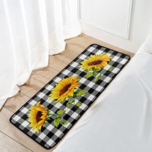 Black Buffalo Plaid Kitchen Rugs Non Slip Sunflower Kitchen Floor Mats Cushioned Kitchen Mats and Rugs Washable Anti Fatigue Mats for Laundry Sink Standing Office Home Decor - 39x20 in