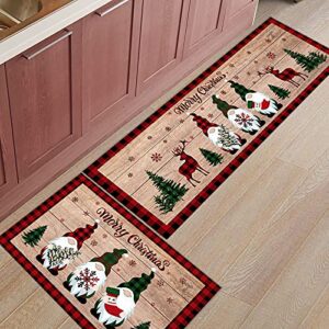 2 piece gnome kitchen rug set merry christmas indoor floor mats for winter, xmas door mat runner rug carpet mat for kitchen home decor (15.7" x 23.6"+15.7" x 47.2") - snowflake tree retro wooden board