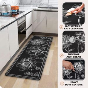 Kitchen Mat [2 PCS] Cushioned Anti-Fatigue Non Slip Waterproof Kitchen Rugs, Comfort Standing Mat for Kitchen, Office, Home, Laundry, 17.3"x28"+17.3"x47", Black and White