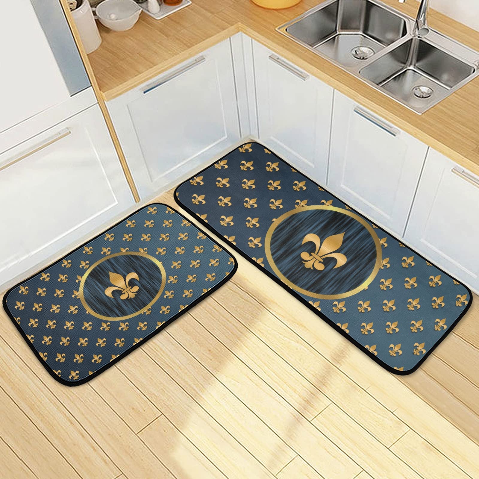 Glaphy Mardi Gras Fleur De Lis Kitchen Rug Set of 2, Washable Non-Slip Personalized Floor Mat Memory Foam Rug for Bedroom Bathroom Laundry Room