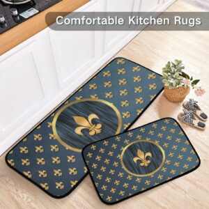 Glaphy Mardi Gras Fleur De Lis Kitchen Rug Set of 2, Washable Non-Slip Personalized Floor Mat Memory Foam Rug for Bedroom Bathroom Laundry Room