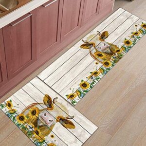 cow kitchen mats for floor cushioned anti fatigue 2 piece set kitchen runner rugs non skid washable sunflower farmhouse animal watercolor 15.7x23.6+15.7x47.2inch