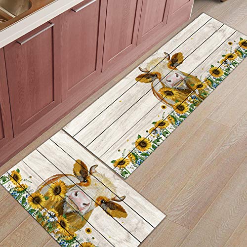 Cow Kitchen Mats for Floor Cushioned Anti Fatigue 2 Piece Set Kitchen Runner Rugs Non Skid Washable Sunflower Farmhouse Animal Watercolor 15.7x23.6+15.7x47.2inch