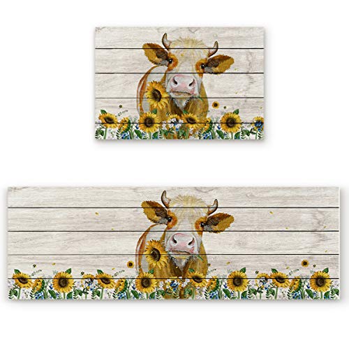 Cow Kitchen Mats for Floor Cushioned Anti Fatigue 2 Piece Set Kitchen Runner Rugs Non Skid Washable Sunflower Farmhouse Animal Watercolor 15.7x23.6+15.7x47.2inch