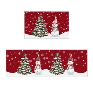 merry christmas kitchen rugs sets 2 piece floor mats winter snow xmas tree snowman snowflake doormat non-slip rubber backing area rugs washable carpet inside door mat pad sets-16"x 24"+16"x47"