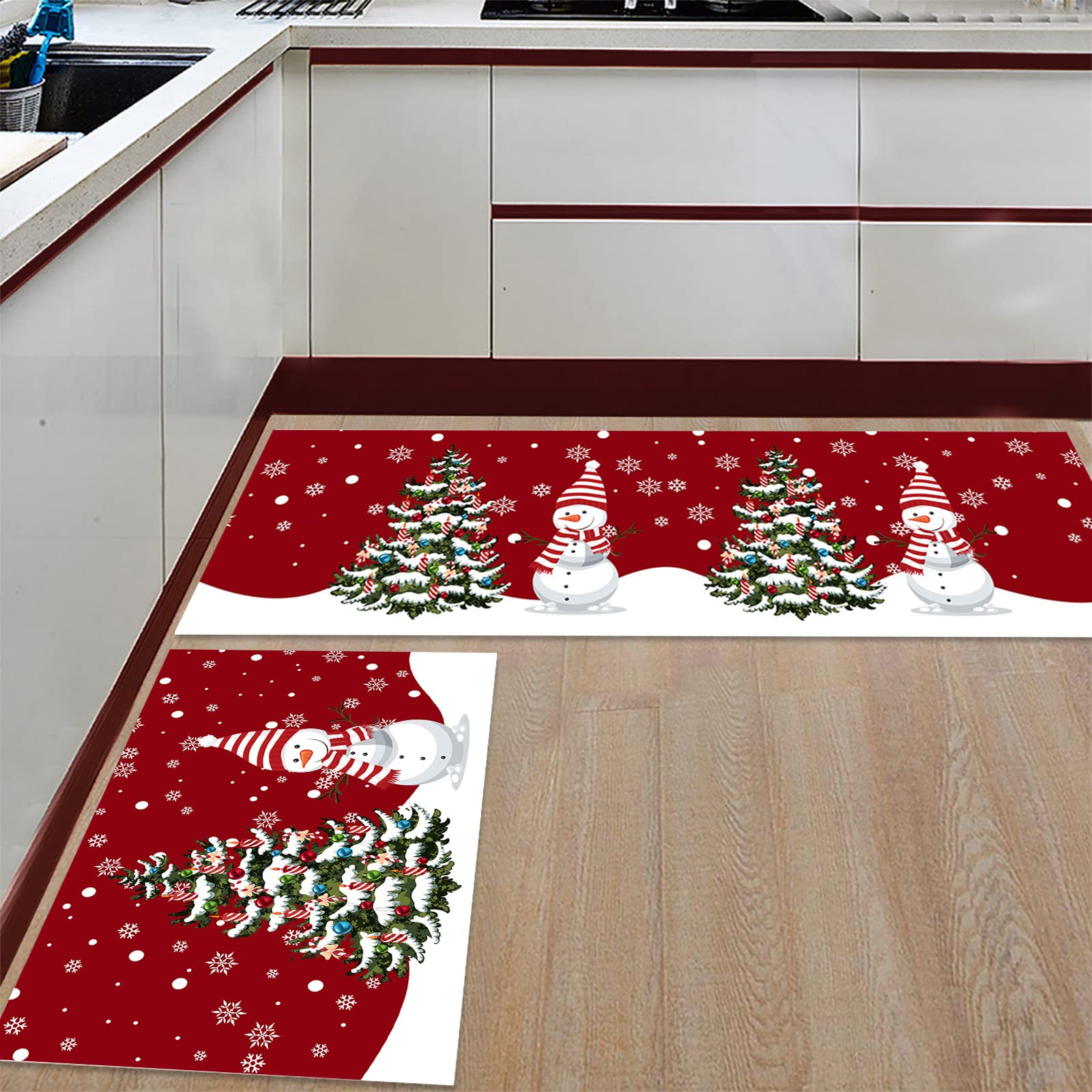 Merry Christmas Kitchen Rugs Sets 2 Piece Floor Mats Winter Snow Xmas Tree Snowman Snowflake Doormat Non-Slip Rubber Backing Area Rugs Washable Carpet Inside Door Mat Pad Sets-16"x 24"+16"x47"