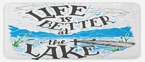 lunarable cabin kitchen mat, life is better at the lake wooden pier plants mountains sketch art, plush decorative kitchen mat with non slip backing, 47" x 19", charcoal grey