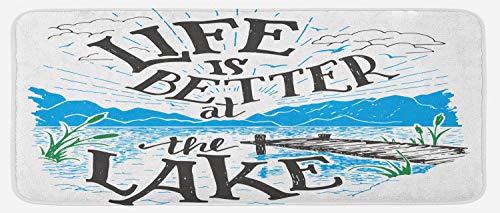 Lunarable Cabin Kitchen Mat, Life is Better at The Lake Wooden Pier Plants Mountains Sketch Art, Plush Decorative Kitchen Mat with Non Slip Backing, 47" X 19", Charcoal Grey