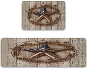 jilangca kitchen rugs sets 2 pieces country primitive barn star patriotic on wooden board floor mat washable doormat non-slip area runner and mats for kitchen,laundry,bathroom 17.7*47.2+17.5*29.5inch