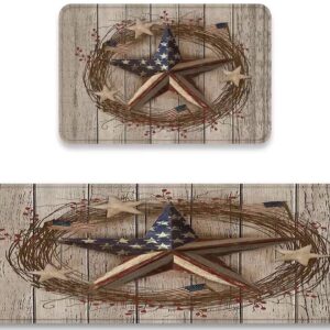 JILANGCA Kitchen Rugs Sets 2 Pieces Country Primitive Barn Star Patriotic on Wooden Board Floor Mat Washable Doormat Non-Slip Area Runner and Mats for Kitchen,Laundry,Bathroom 17.7*47.2+17.5*29.5inch