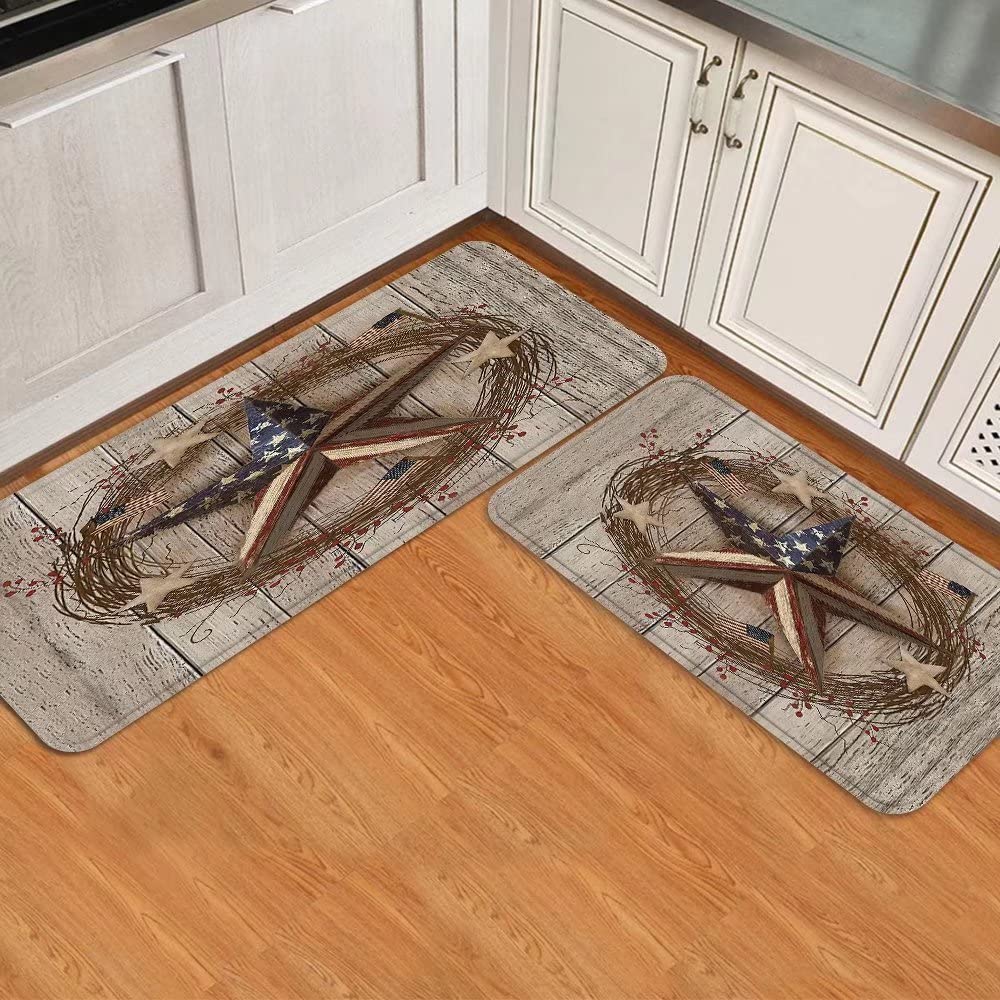 JILANGCA Kitchen Rugs Sets 2 Pieces Country Primitive Barn Star Patriotic on Wooden Board Floor Mat Washable Doormat Non-Slip Area Runner and Mats for Kitchen,Laundry,Bathroom 17.7*47.2+17.5*29.5inch