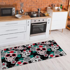 TsyTma Gothic Skull Flower Kitchen Rug Non-Slip Kitchen Mats Day of The Dead Halloween Kitchen Floor Mat Bathroom Rug Area Mat Carpet for Home Decor 39" X 20"