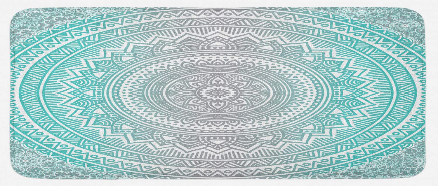 Ambesonne Grey and Aqua Kitchen Mat, Ombre Traditional Universe with Tribal Geometric Mandala Artwork, Plush Decorative Kitchen Mat with Non Slip Backing, 47" X 19", Aqua Grey