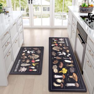 ASPMIZ Mushrooms Kitchen Mat Set Anti Fatigue 2 Piece, Non-Skid Waterproof Kitchen Mats and Rugs Cushioned, Washable Black Kitchen Rug Floor Comfort Mats for Kitchen Home, 48" x 18" + 30" x 18"