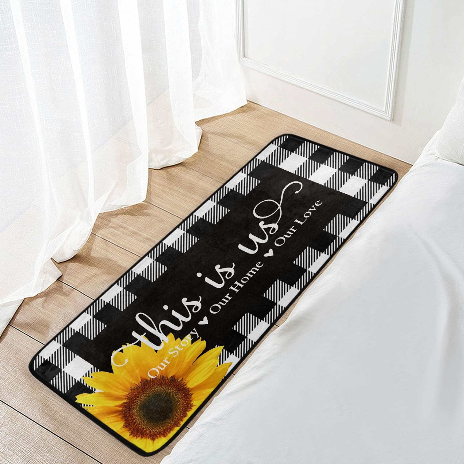 Black White Buffalo Plaid Check Kitchen Rugs Non Slip Kitchen Mats Sunflower Bathroom Rug Doormats for Home Decor, Washable, 39 x 20 Inch (02this is us)