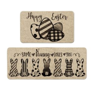artoid mode stripes polka dot eggs bunny happy easter kitchen mats set of 2, home decor low-profile kitchen rugs for floor - 17x29 and 17x47 inch