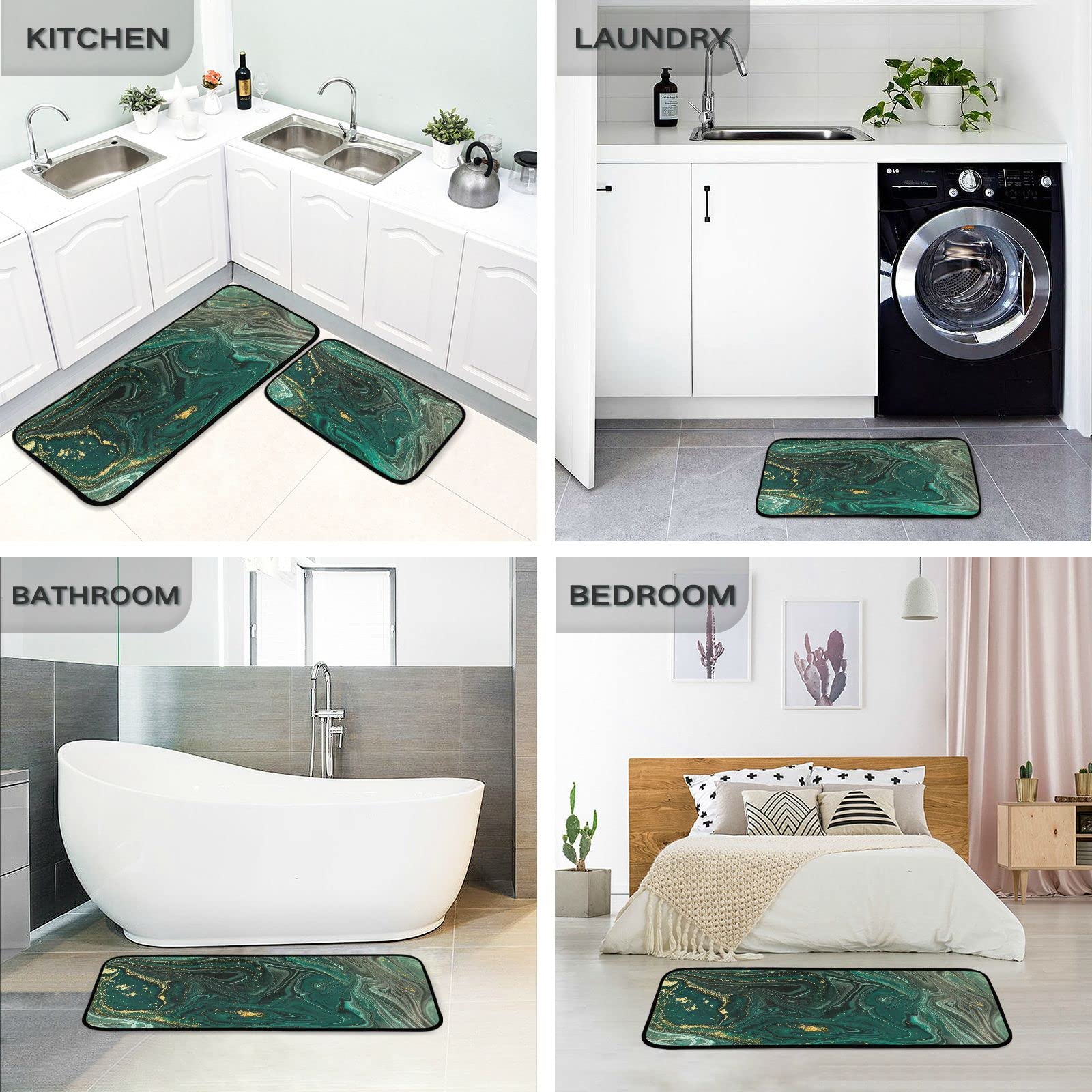 J JOYSAY Green Marble Kitchen Rugs and Mat 2 Pieces Set Cushioned Anti Fatigue Kitchen Mat Non Slip Comfort Standing Rug Washable Farmhouse Decor for Sink Table Fridge Fall