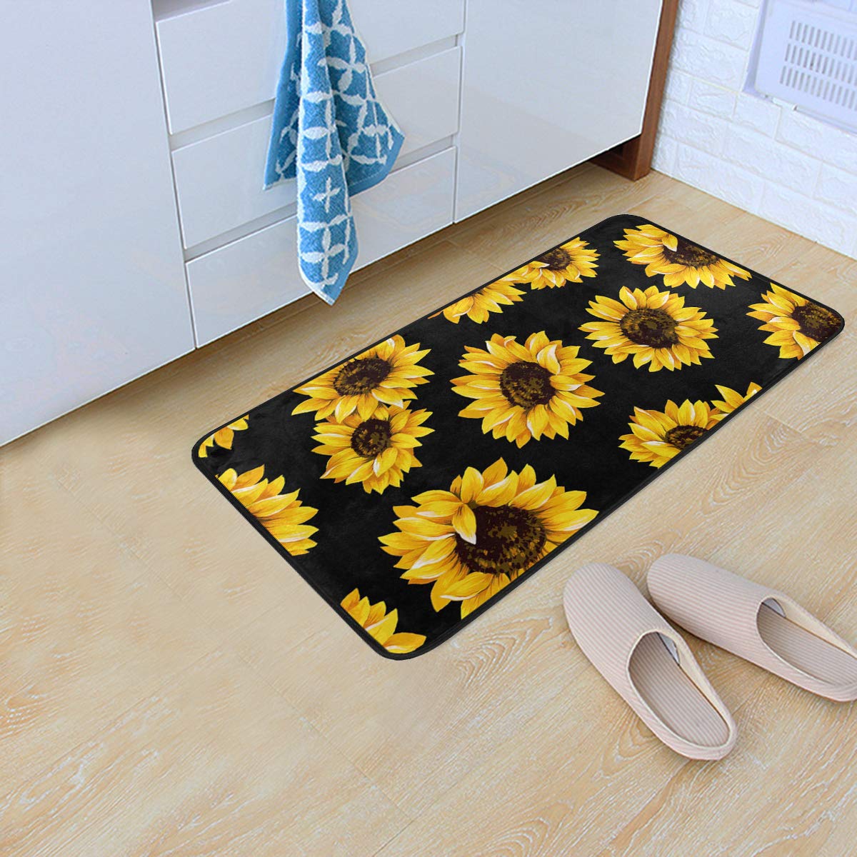 Kitchen Rugs Sunflower Black Design Non-Slip Soft Kitchen Mats Bath Rug Runner Doormats Carpet for Home Decor, 39" X 20"