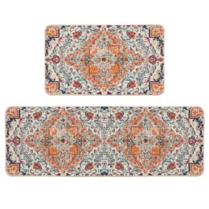 artoid mode orange flowers bohemia kitchen mats set of 2, daily boho home decor low-profile kitchen rugs for floor - 17x29 and 17x47 inch