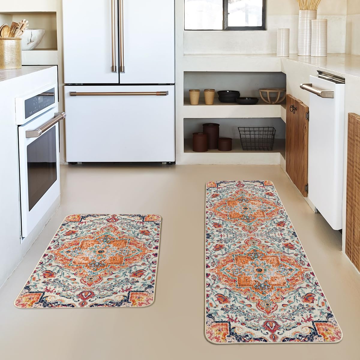 Artoid Mode Orange Flowers Bohemia Kitchen Mats Set of 2, Daily Boho Home Decor Low-Profile Kitchen Rugs for Floor - 17x29 and 17x47 Inch