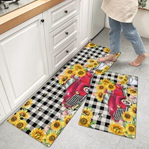 teamery kitchen mats for floor, red truck with farm sunflower black buffalo plaid kitchen rugs, kitchen organization anti-fatigue kitchen mat, kitchen decor runner rug room decor standing desk mats