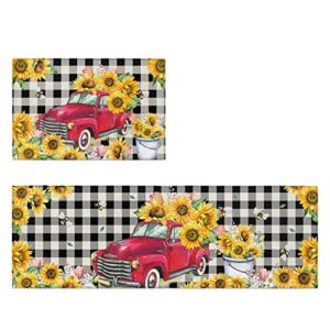 Teamery Kitchen Mats for Floor, Red Truck with Farm Sunflower Black Buffalo Plaid Kitchen Rugs, Kitchen Organization Anti-Fatigue Kitchen Mat, Kitchen Decor Runner Rug Room Decor Standing Desk Mats