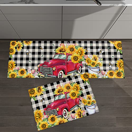 Teamery Kitchen Mats for Floor, Red Truck with Farm Sunflower Black Buffalo Plaid Kitchen Rugs, Kitchen Organization Anti-Fatigue Kitchen Mat, Kitchen Decor Runner Rug Room Decor Standing Desk Mats