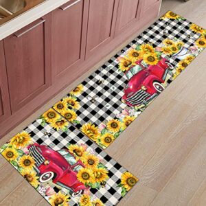 Teamery Kitchen Mats for Floor, Red Truck with Farm Sunflower Black Buffalo Plaid Kitchen Rugs, Kitchen Organization Anti-Fatigue Kitchen Mat, Kitchen Decor Runner Rug Room Decor Standing Desk Mats