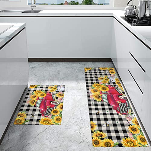 Teamery Kitchen Mats for Floor, Red Truck with Farm Sunflower Black Buffalo Plaid Kitchen Rugs, Kitchen Organization Anti-Fatigue Kitchen Mat, Kitchen Decor Runner Rug Room Decor Standing Desk Mats