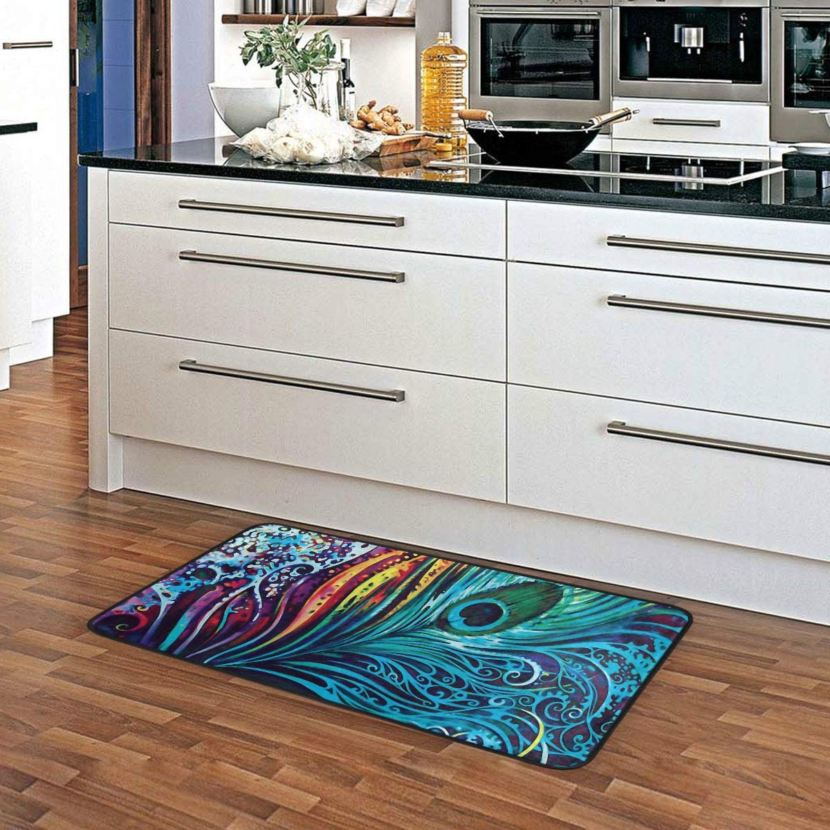 Kitchen Rugs Vibrant Peacock Feather Design Non-Slip Soft Kitchen Mats Bath Rug Runner Doormats Carpet for Home Decor, 39" X 20"