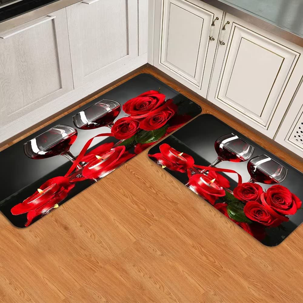 Kitchen Mat Set of 2 Red Rose Wine Decorative Heart on Black Kitchen Rugs and Mats Non Skid Washable Cushioned Kitchen Mats for Floor Absorbent Comfort Standing Mat for Kitchen Sink,Laundry,Bathroom