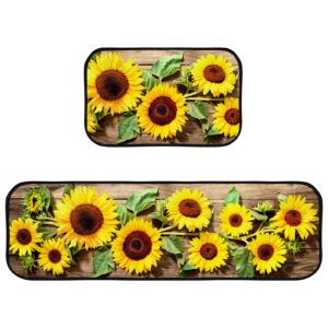 TsingZa Kitchen Rug Set Standing Mat 2 Piece Sunflower Vintage Board, Non Slip Kitchen Floor Mat, Absorbent Runner Carpets for Sink (18”x58”+18”x29”)