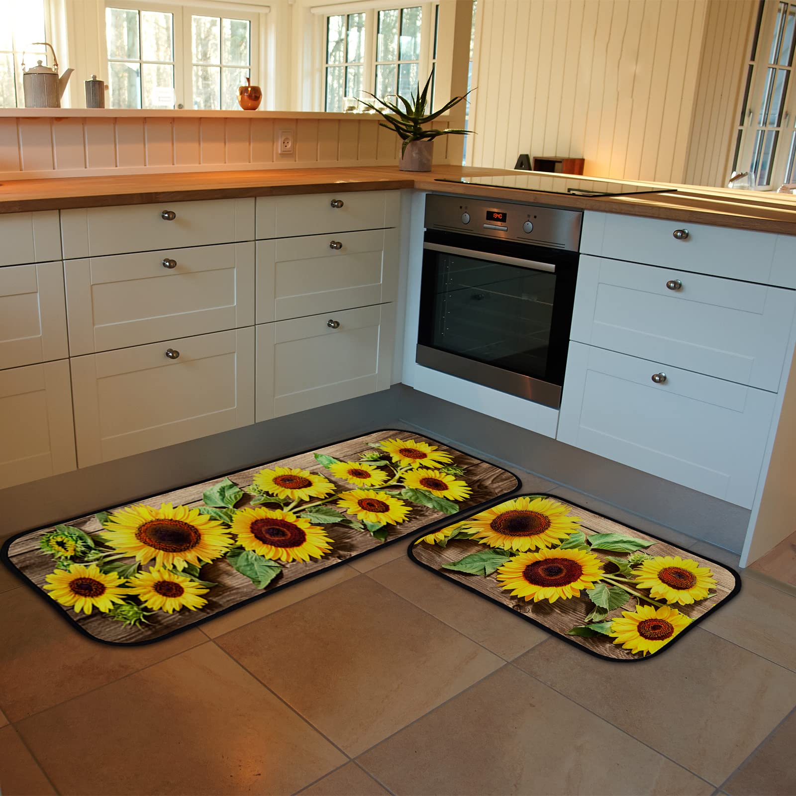 TsingZa Kitchen Rug Set Standing Mat 2 Piece Sunflower Vintage Board, Non Slip Kitchen Floor Mat, Absorbent Runner Carpets for Sink (18”x58”+18”x29”)