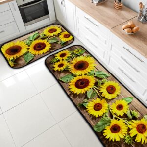 TsingZa Kitchen Rug Set Standing Mat 2 Piece Sunflower Vintage Board, Non Slip Kitchen Floor Mat, Absorbent Runner Carpets for Sink (18”x58”+18”x29”)