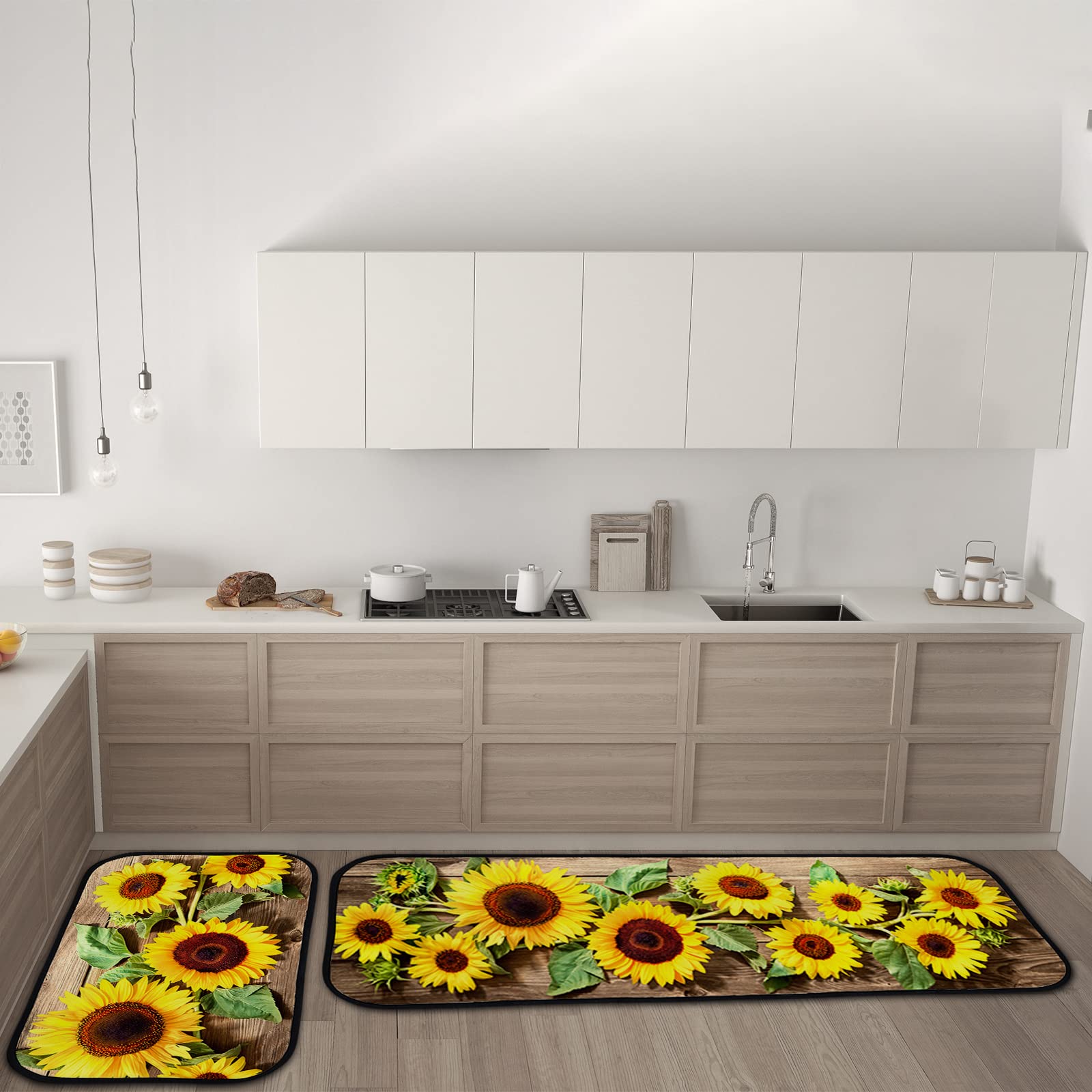 TsingZa Kitchen Rug Set Standing Mat 2 Piece Sunflower Vintage Board, Non Slip Kitchen Floor Mat, Absorbent Runner Carpets for Sink (18”x58”+18”x29”)