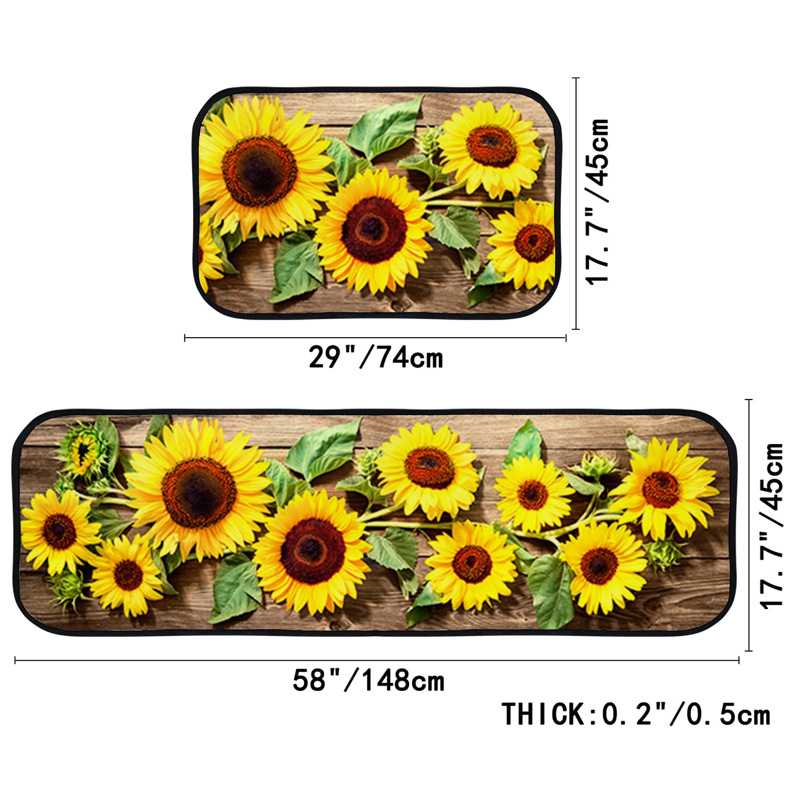 TsingZa Kitchen Rug Set Standing Mat 2 Piece Sunflower Vintage Board, Non Slip Kitchen Floor Mat, Absorbent Runner Carpets for Sink (18”x58”+18”x29”)