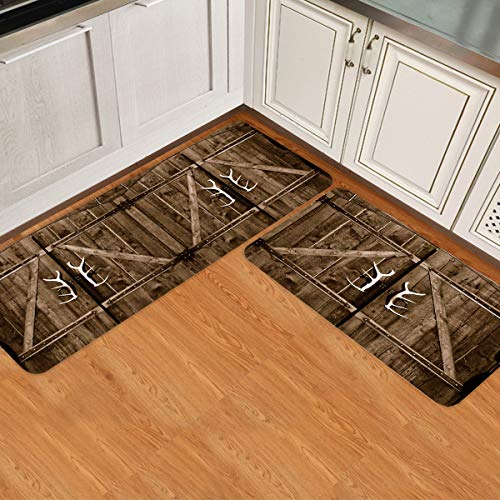 Kitchen Rug Sets 2 Piece Non-Slip Kitchen Mats and Rugs Country Rustic Antler Wooden Barn Christmas Winter Decorative Area Runner Carpets Floor Doormat