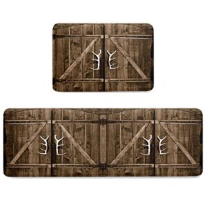 Kitchen Rug Sets 2 Piece Non-Slip Kitchen Mats and Rugs Country Rustic Antler Wooden Barn Christmas Winter Decorative Area Runner Carpets Floor Doormat