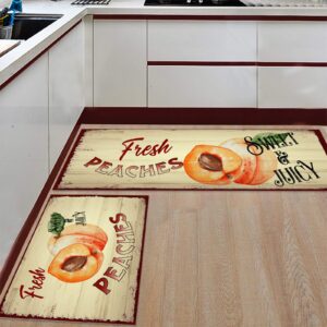 Savannan Kitchen Rug 2 PCS Set Floor Mat, Fresh Sweet & Juicy Peaches Vintage Wood Grain Watercolor Non-Slip Soft Absorbent RunnerMat MDDWJL-210319KICmatSHZF02000MDDASAN 15.7x23.6in+15.7x47.2in