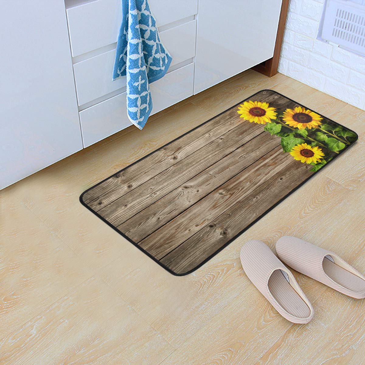 Sunflowers On Wood Board Design Non-Slip Soft Kitchen Mats Bath Rug Runner Doormats Carpet for Home Decor, 39" X 20"