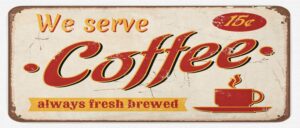 ambesonne retro kitchen mat, tin rusty faded fresh brewed coffee print from old days fifties style art work, plush decorative kitchen mat with non slip backing, 47" x 19", cream mustard