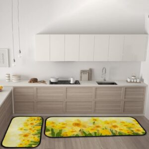 Kuizee Kitchen Mat Set of 2 Pieces Anti Fatigue Rugs Yellow Daffodils Spring Butterflies Floral Soft Water Absorbent Non-Slip Standing Mats Kitchen Decor Floor,17.7"x 29" +17.7"x58"