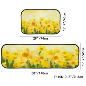 Kuizee Kitchen Mat Set of 2 Pieces Anti Fatigue Rugs Yellow Daffodils Spring Butterflies Floral Soft Water Absorbent Non-Slip Standing Mats Kitchen Decor Floor,17.7"x 29" +17.7"x58"