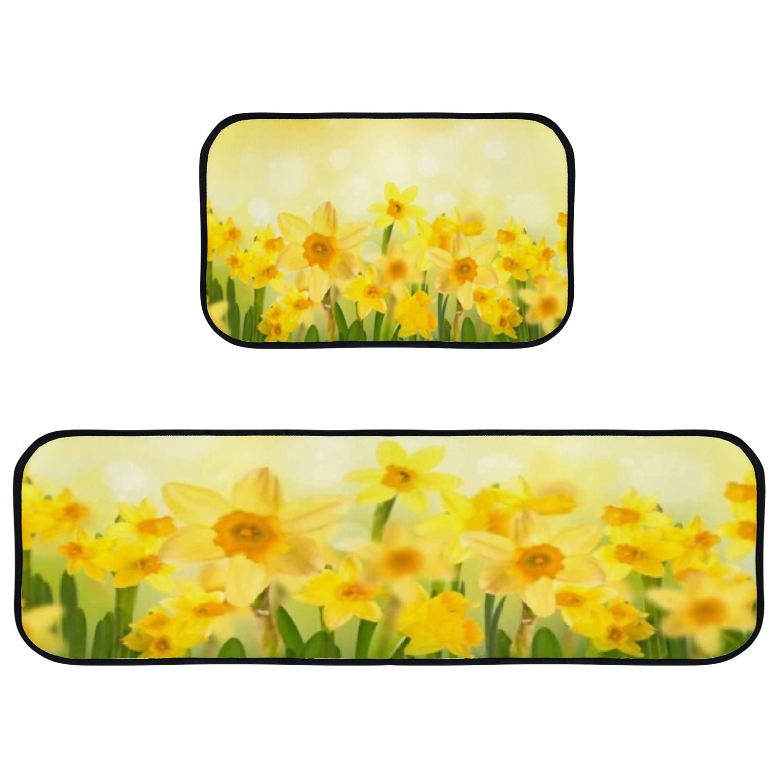 Kuizee Kitchen Mat Set of 2 Pieces Anti Fatigue Rugs Yellow Daffodils Spring Butterflies Floral Soft Water Absorbent Non-Slip Standing Mats Kitchen Decor Floor,17.7"x 29" +17.7"x58"