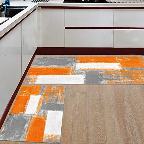 Thanksgiving Kitchen Rugs Sets 2 Piece Floor Mats Burnt Orange and Grey Modern Art Artwork Doormat Non-Slip Rubber Backing Area Rugs Carpet Inside Door Mat Pad Sets-19.7" x 31.5"+19.7" x 47.2"