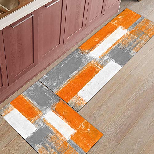 Thanksgiving Kitchen Rugs Sets 2 Piece Floor Mats Burnt Orange and Grey Modern Art Artwork Doormat Non-Slip Rubber Backing Area Rugs Carpet Inside Door Mat Pad Sets-19.7" x 31.5"+19.7" x 47.2"